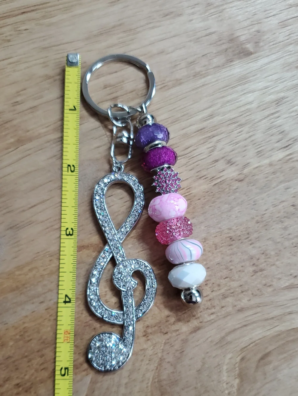 Rhinestone Keychain Pink & Purple Bead Charm With Music Symbol
